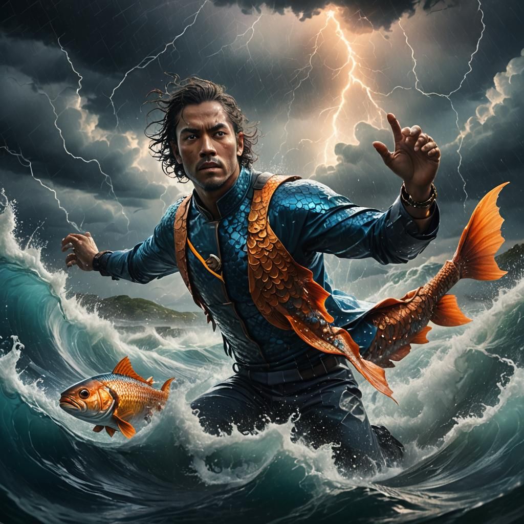 Half-Human Fish Hybrid in Stormy Waters