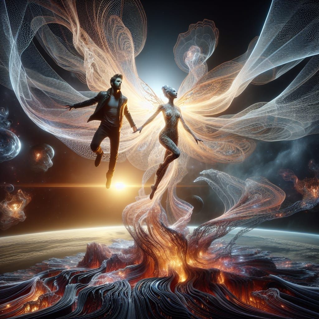 A surreal scene of Tommy Danger man and Ms Zing woman hover ...