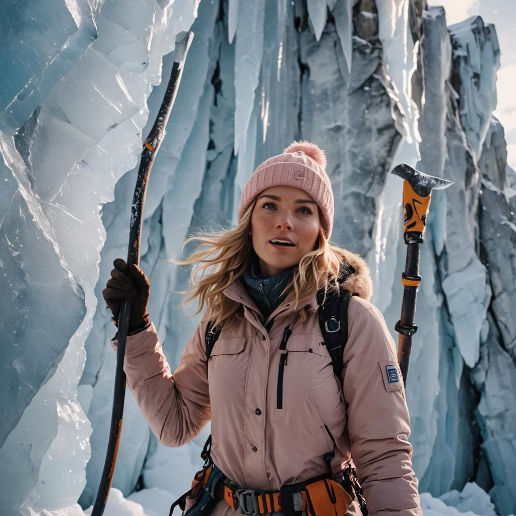 Young Woman Climbing Snowy Mountain in Cinematic Style