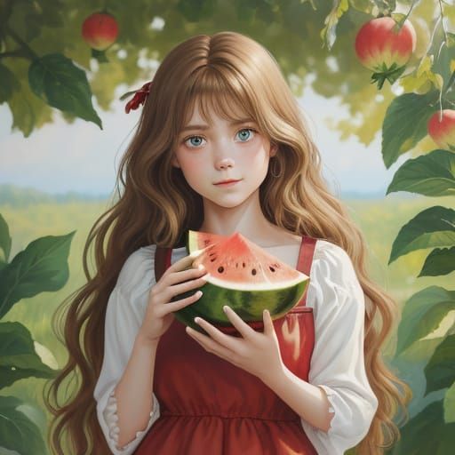 Girl in Red Dress Holds Watermelon, Painterly Style