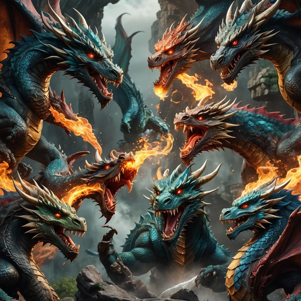 Four dragons blowing the four elements out of their mouths into a ...