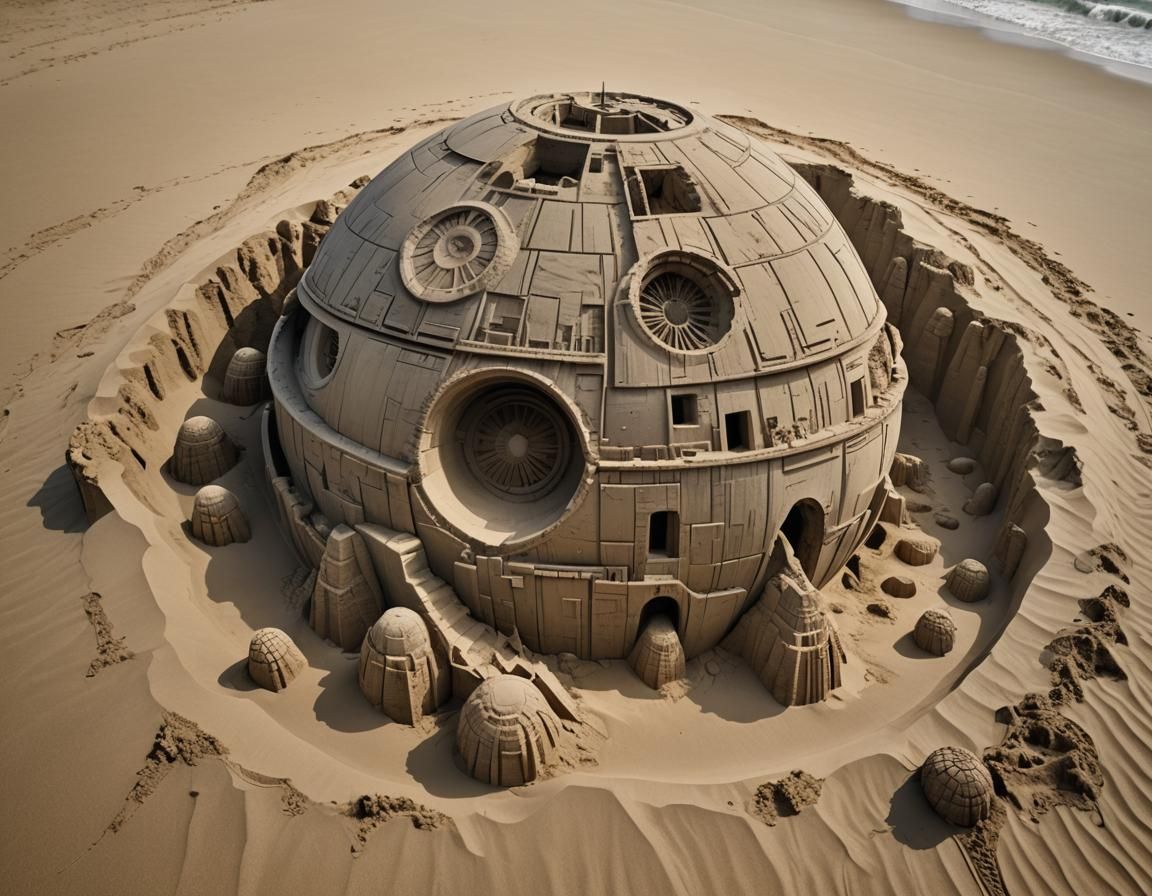 The death star as a sand castle, beach near the sea context, insane details, cinematic, photorealist, ultra-realistic full-lenght photo shoo...