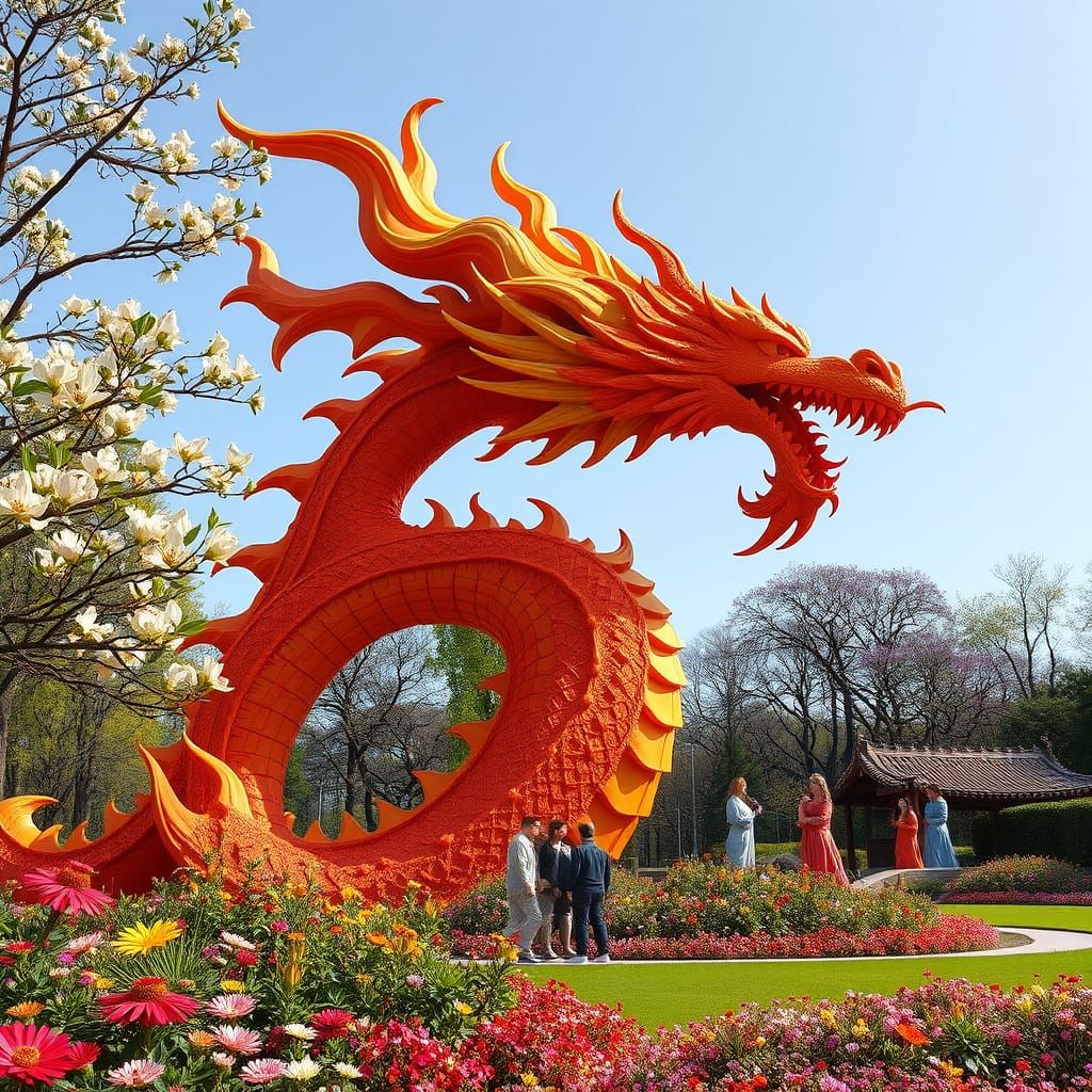 Vibrant Dragon Sculpture in Whimsical Park Setting