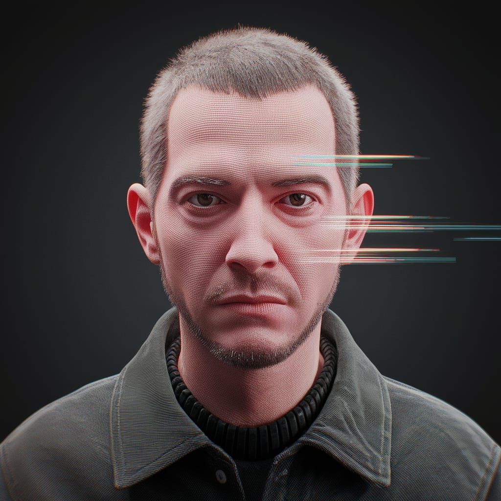 Radiohead paranoid android, hyperrealistic, photorealistic, 3d, 32k lens-fkare, glitch effect