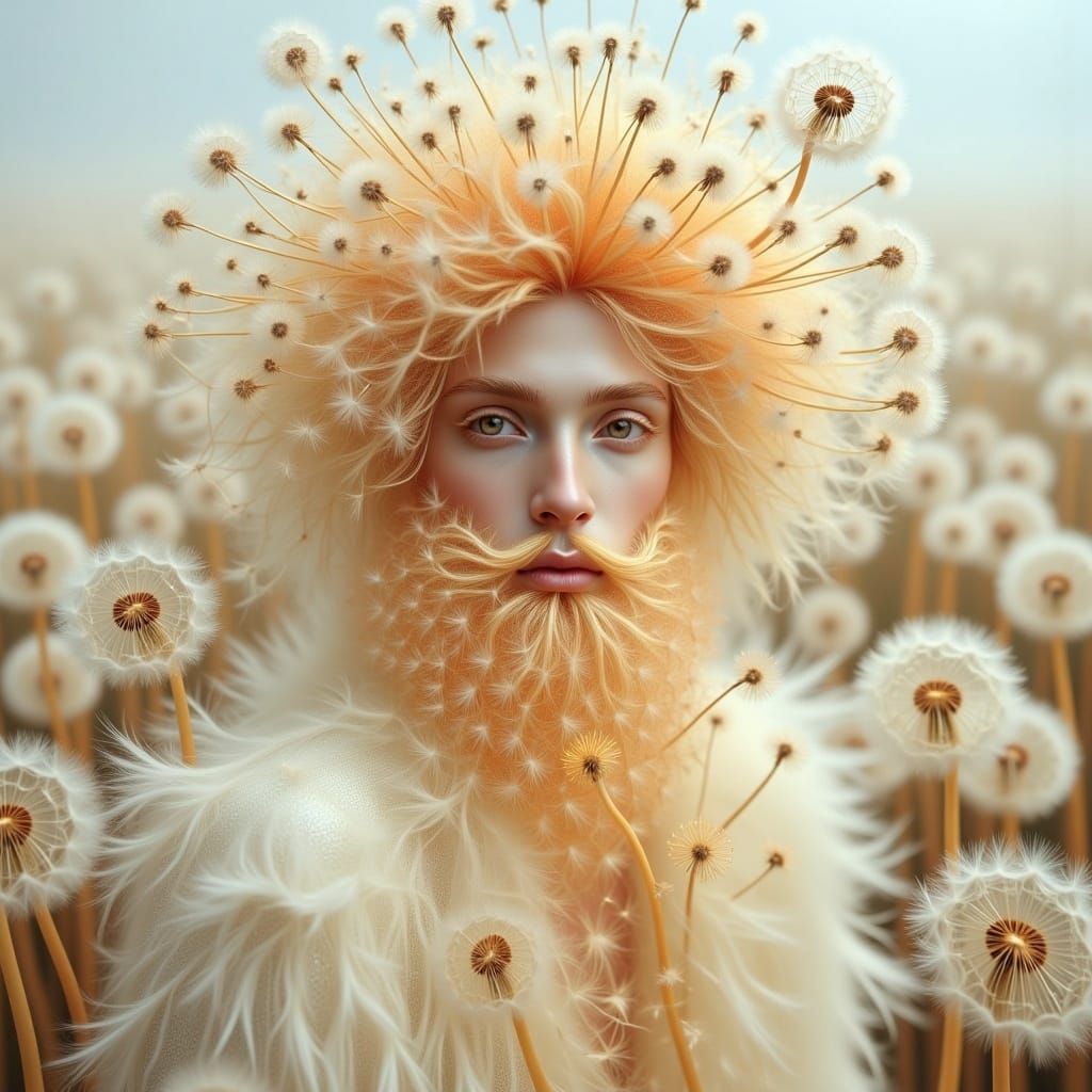 <lora:EtherealDandelion:1.0>A gorgeous fairy man made entirely of dandelion puff, his hair is made entirely of dandelions, his beard has puf...