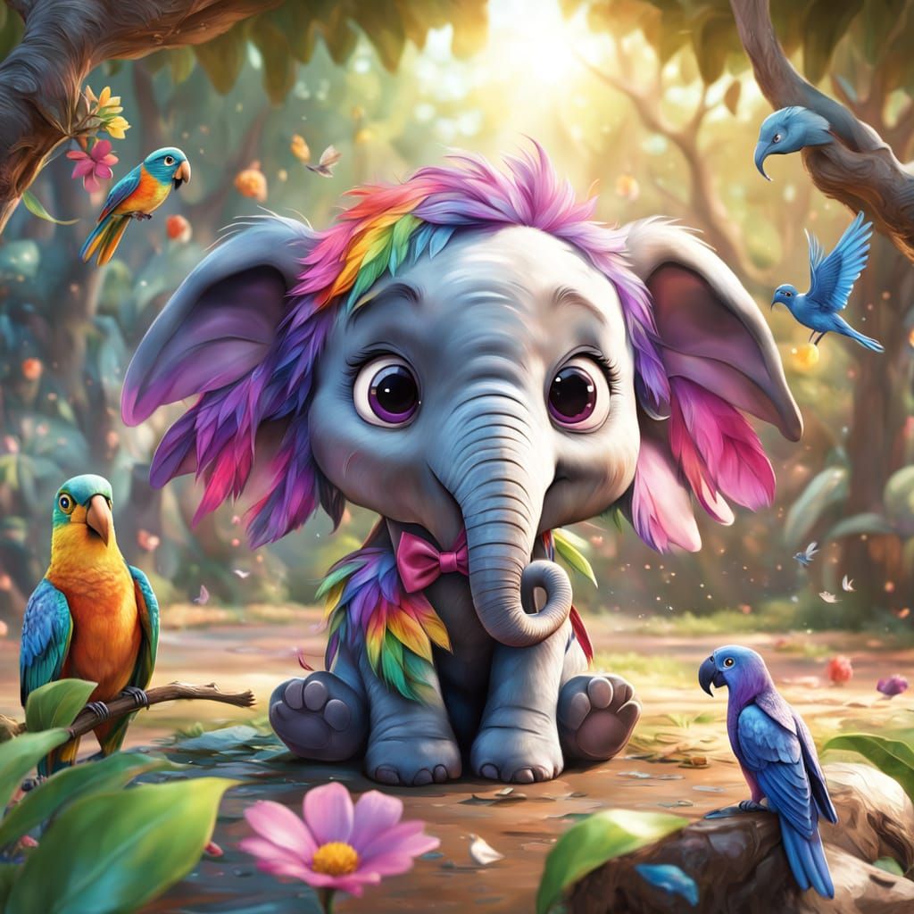 Sad Parrot Comforted by Wise Elephant in Pixar Style
