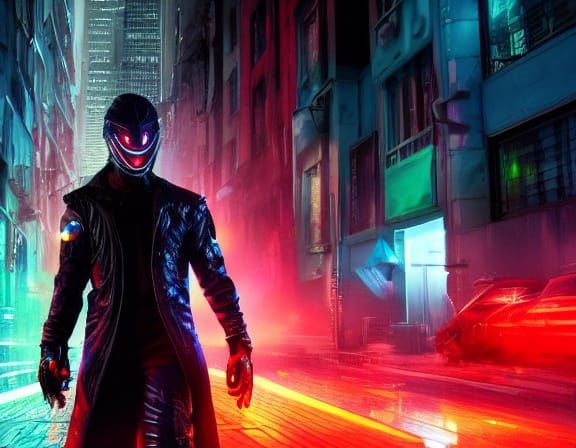 Cyborg Assassin in Neon Alleyway - Sci-Fi Digital Art