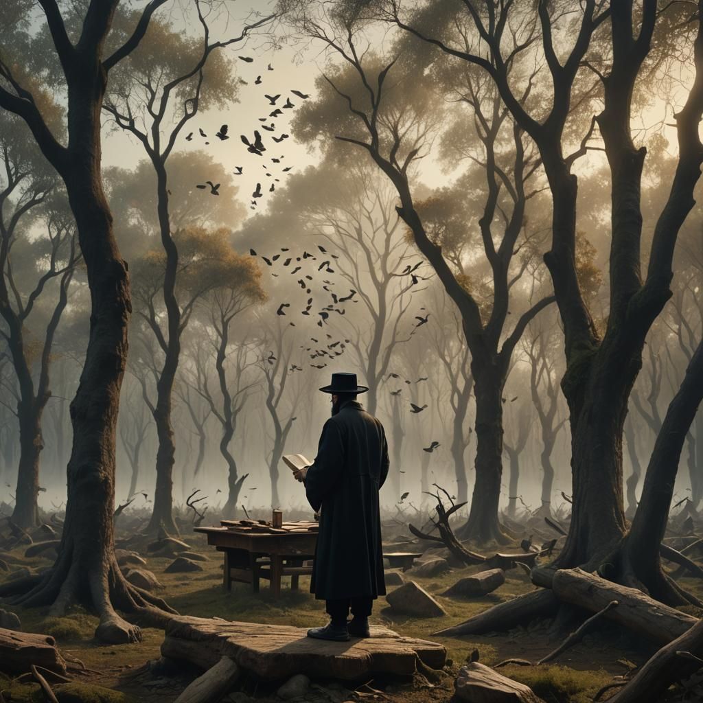 Hasidic Jew Praying in Forest, Fantastical Art Style