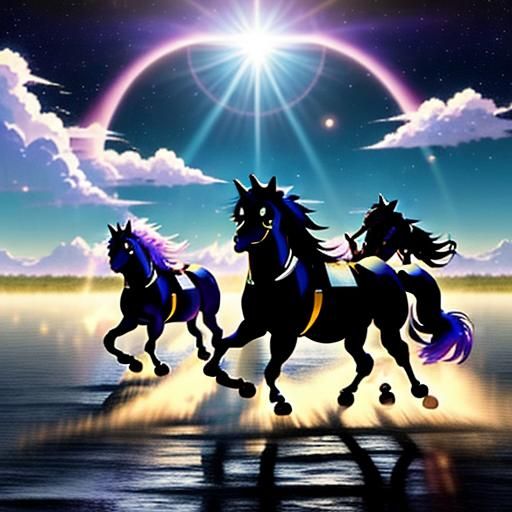 (anime horses:2) running wild by a river under the moonlight - AI ...