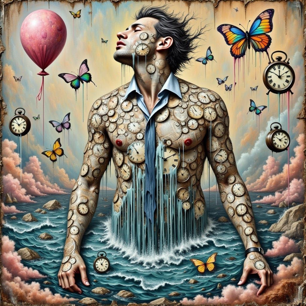 <lora:KakSurrealChaos:1.0>A surrealistic chaotic scene intertwined with Mixed Media textures, brushstrokes, and newspaper prints in the shap...