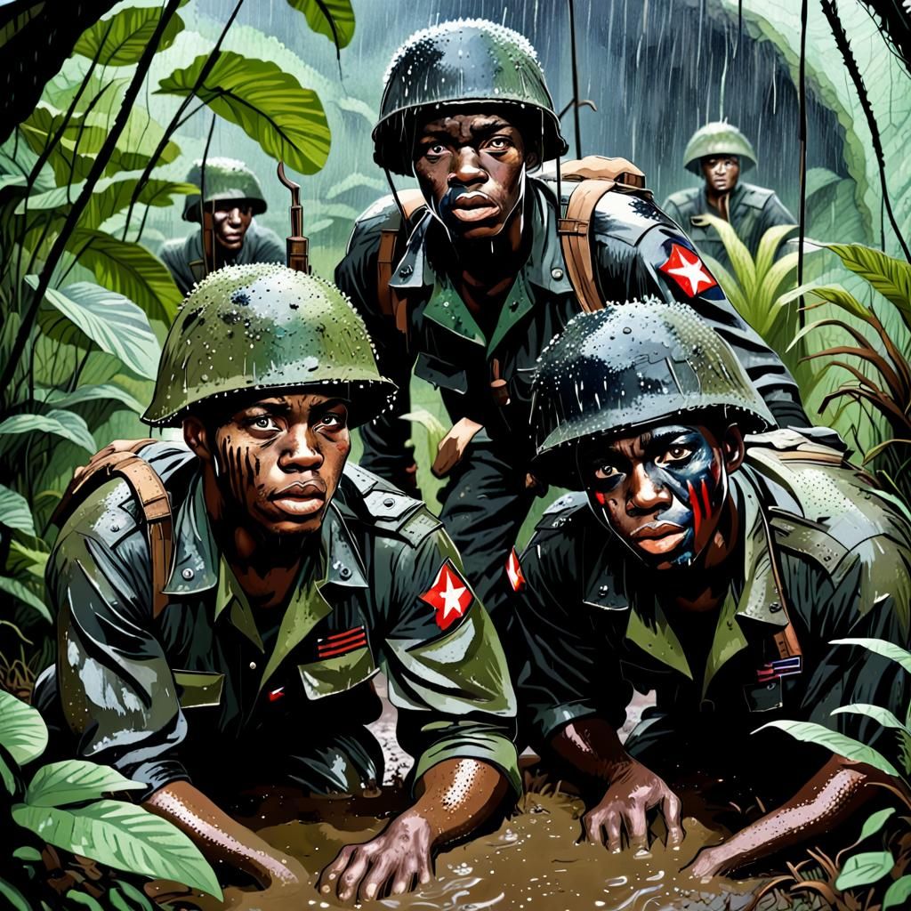 20ish Black US army soldiers hide in the Vietnam jungle prep...