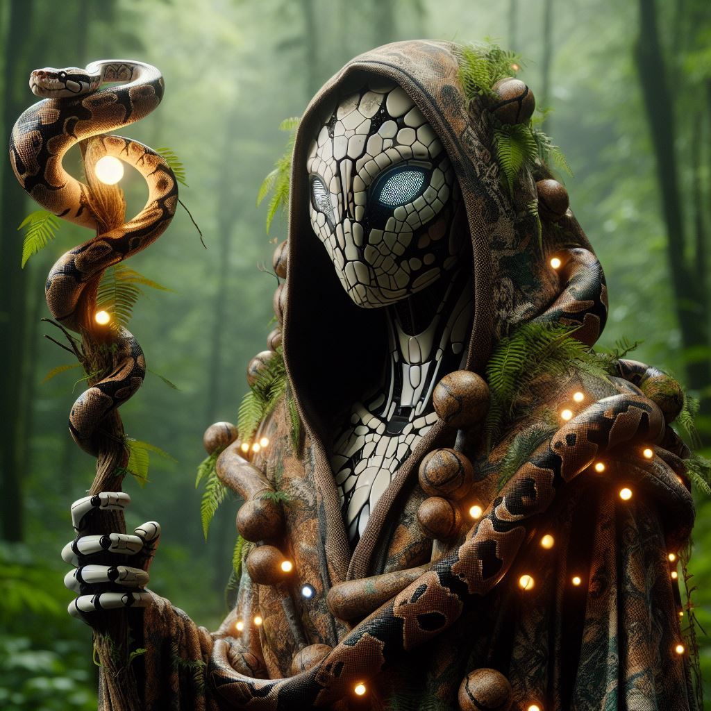 Snake humanoid in lush, dense rainforest