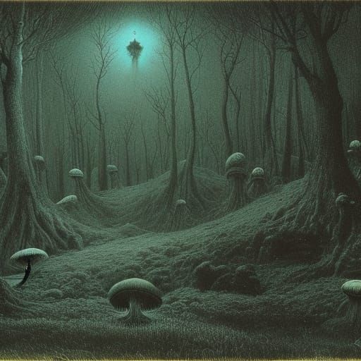 Haunted place by Beksiński, spooky forest, fairy circle mush...
