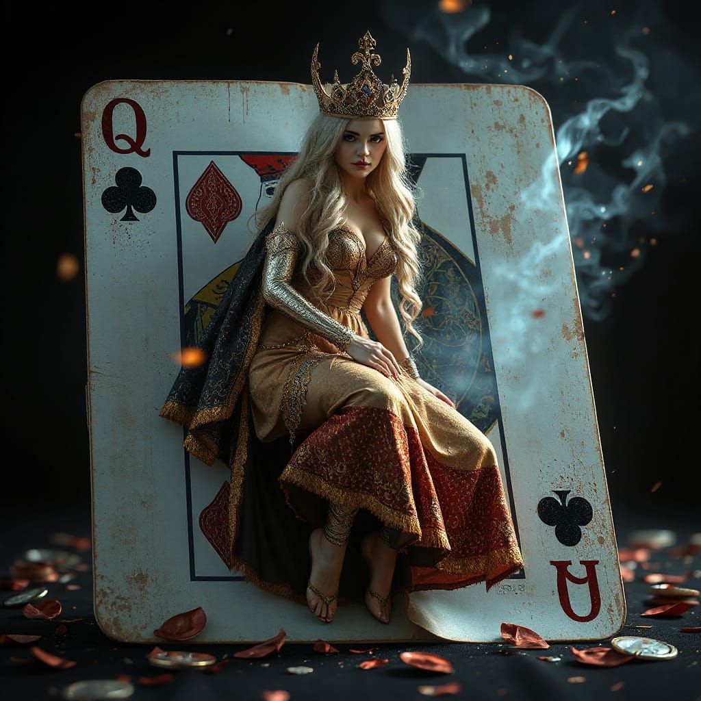 <lora:Queen of the Fae:1.0> "portrait queen of the fae stepping out of a playing card, pack of playing ...  by @Aine Boden