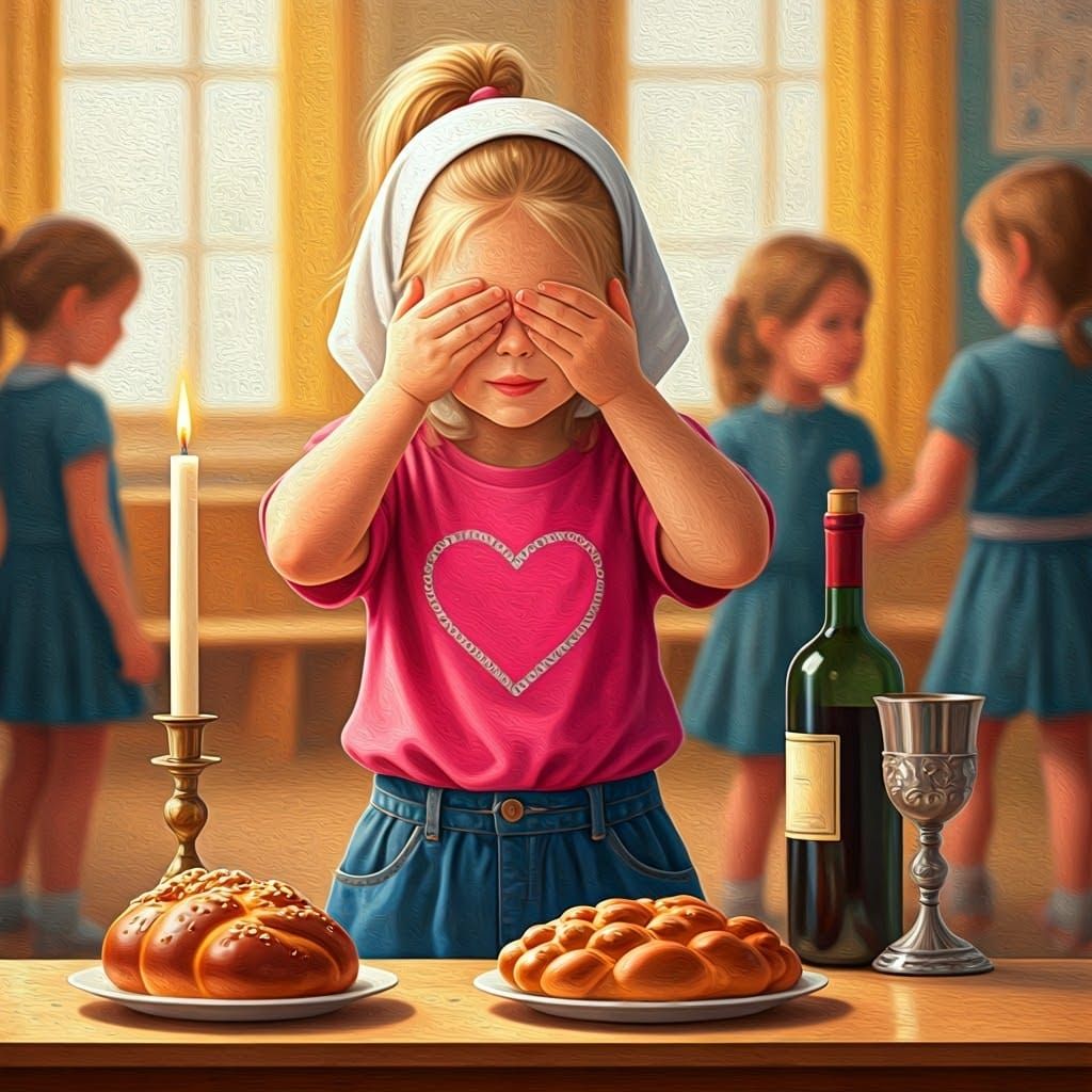 Kindergarten Girl in Sabbath Scene as Oil Painting