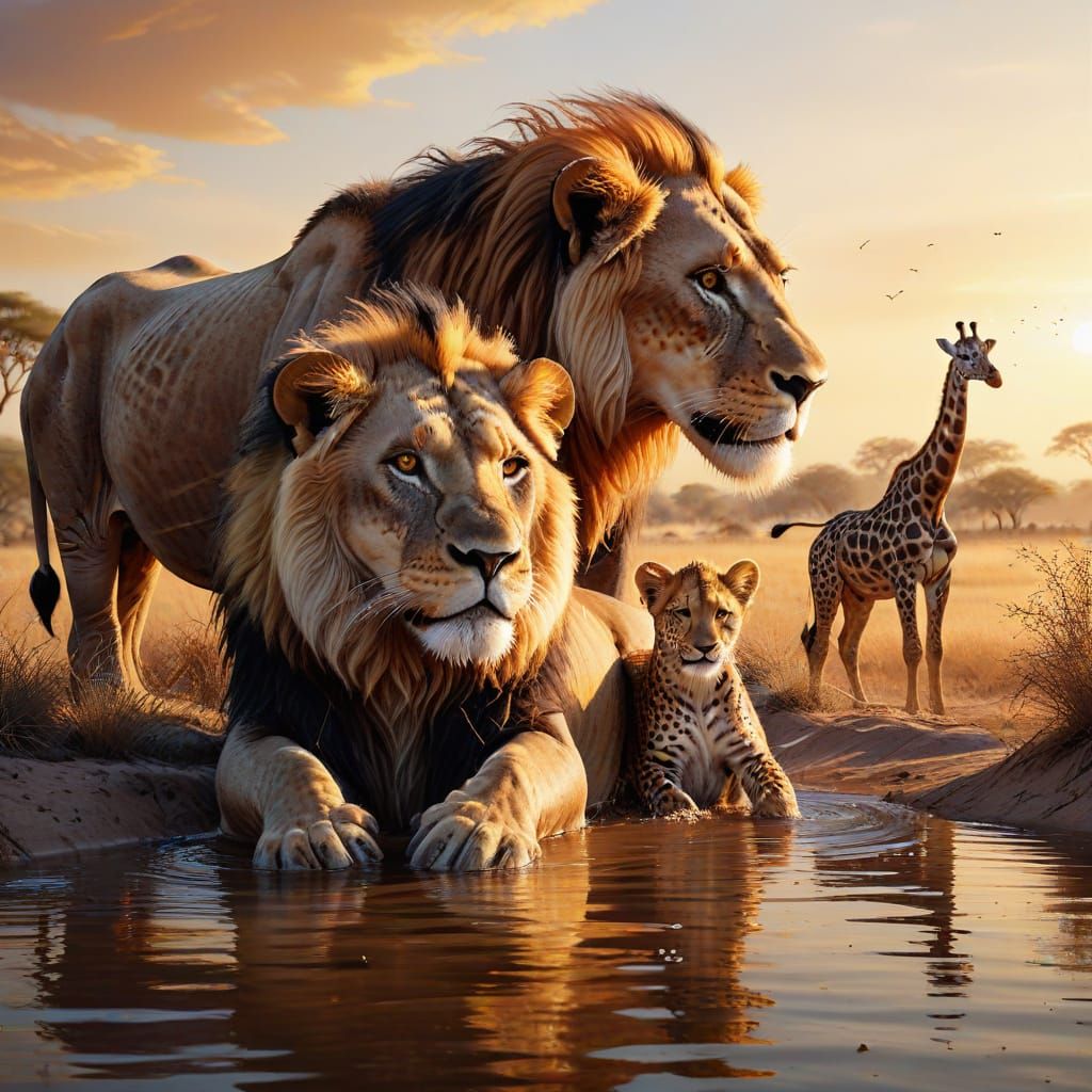 Wild Savannah Gathering in Vibrant Wildlife Illustration Sty...