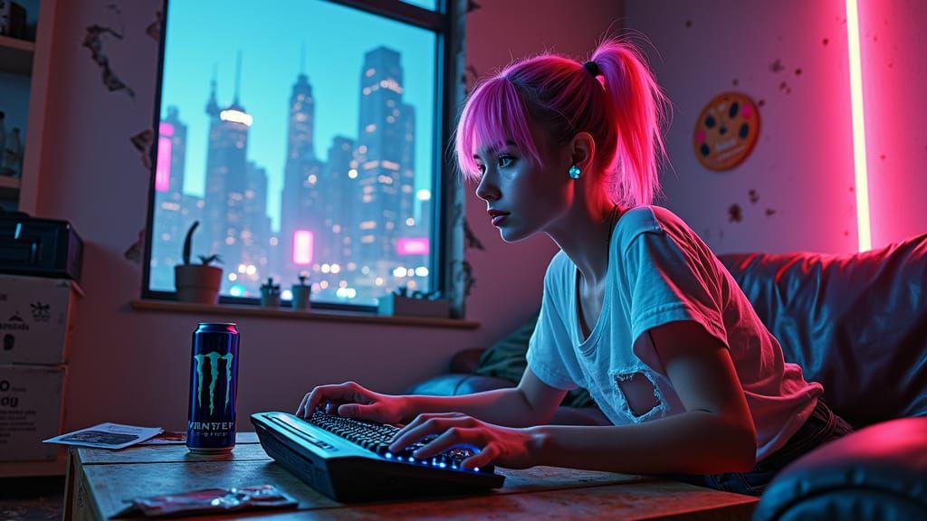 Hyper realistic tilt shift. A 25 year old gamer girl in a punk rock t-shirt with neon earrings, playing a futuristic 3d video game, the apar...