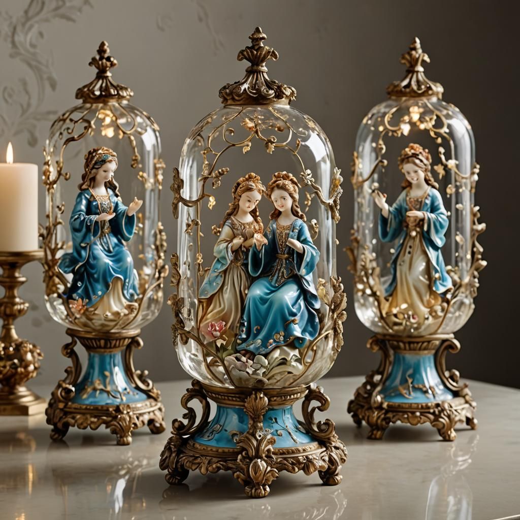 Delicate enameled figurines glow within the ornate vitrina. Light reflects off the glass, creating intricate highlights. Each figurine has a...