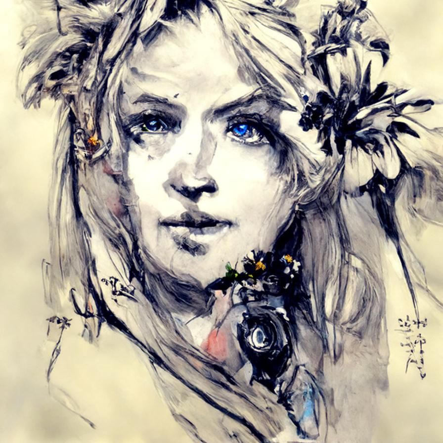 Beautiful blonde haired woman blue eyes holding flowers ink ...