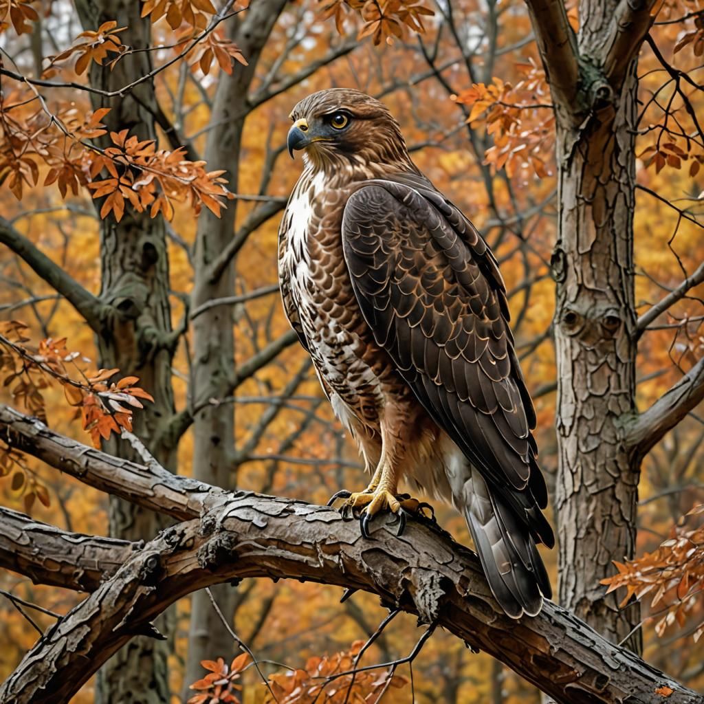 a majestic hawk perched on a gnarled branch amidst a forest ...