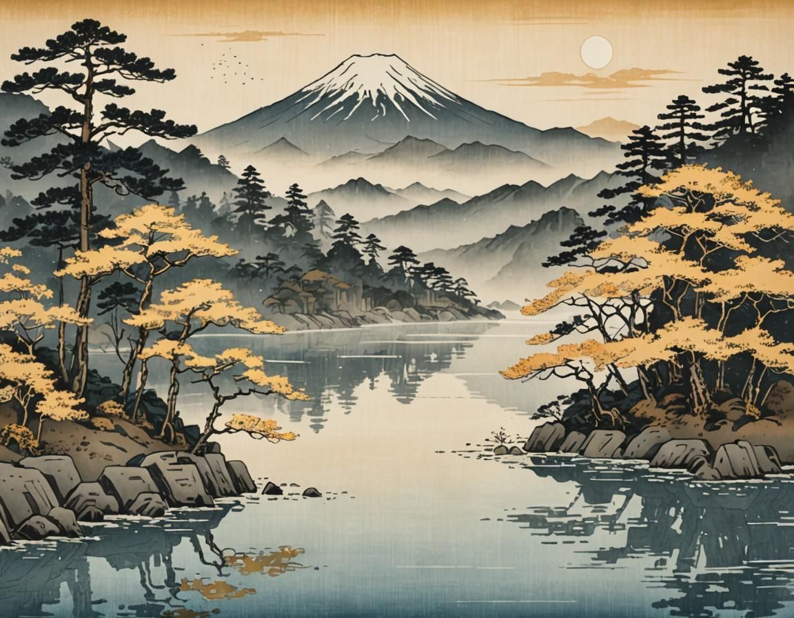 A view of a peaceful lake with trees and a mountain in the background, in ukiyo-e painting style.  by @Xianshi