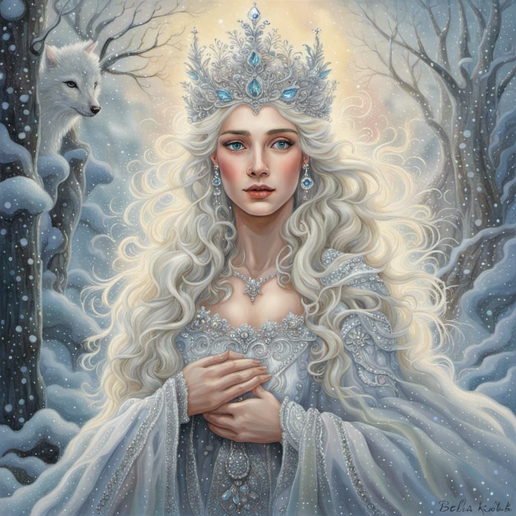 painting of a very beautiful snow queen with a sparkling silvery crown ...