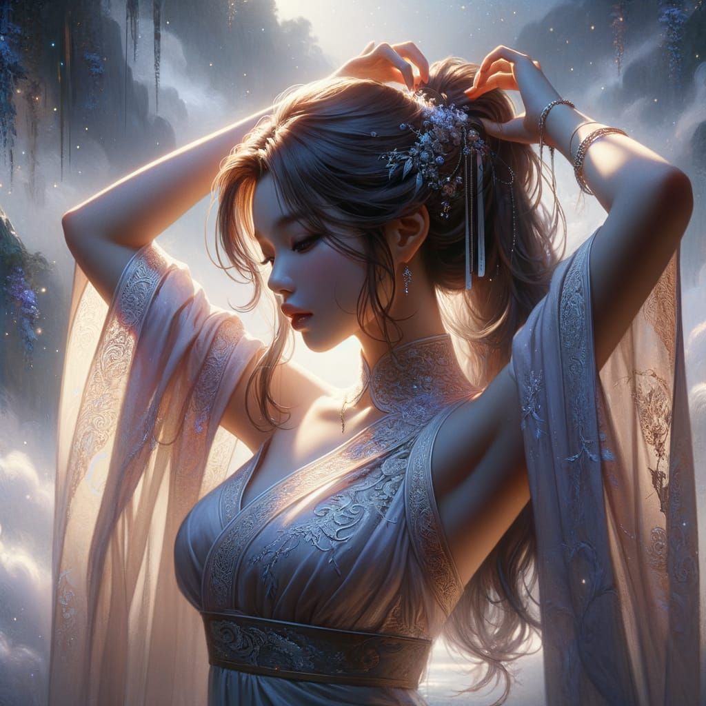 Korean Woman Fastening Hair in Fantasy Matte Painting