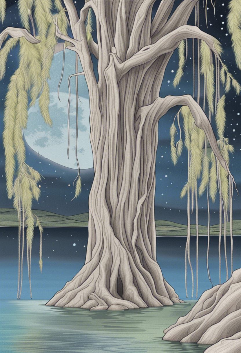 Surreal drawing of a willow tree at night next to a tranquil lake detailed matte painting