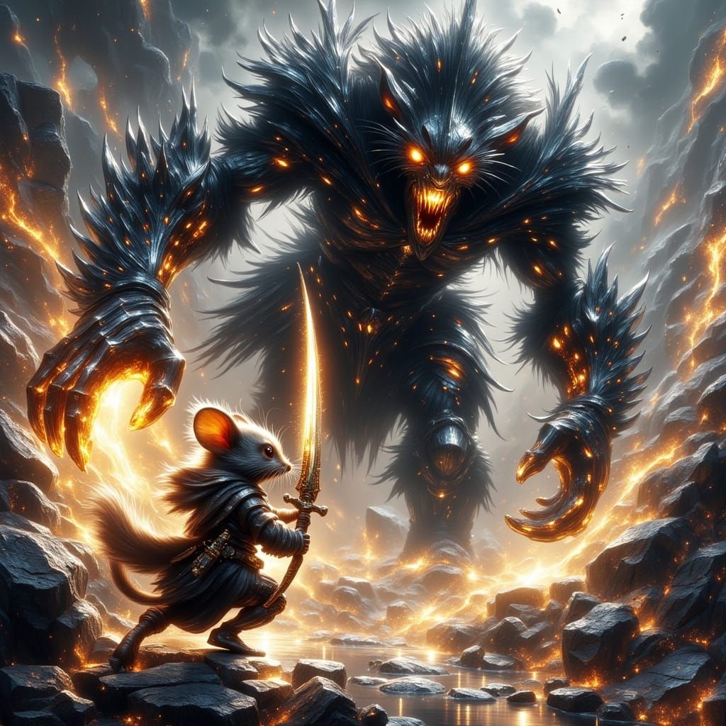 <lora:Empaste:1.0> <lora:Exquisite Flux:1.0> Epic anime-style battle scene featuring Finn, the anthropomorphic wandering mouse hero. He is d...