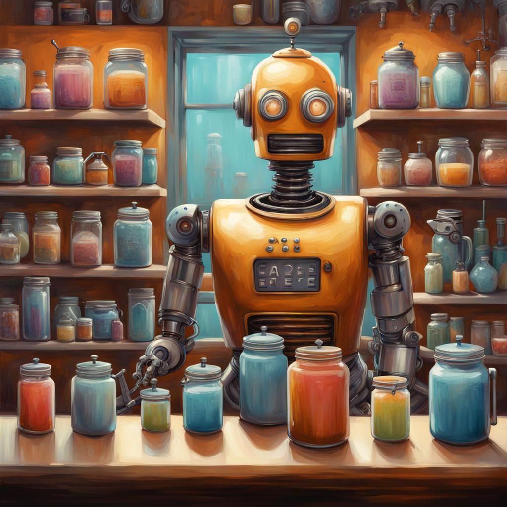 robot cafe with robot barista making latte and robot waitres...