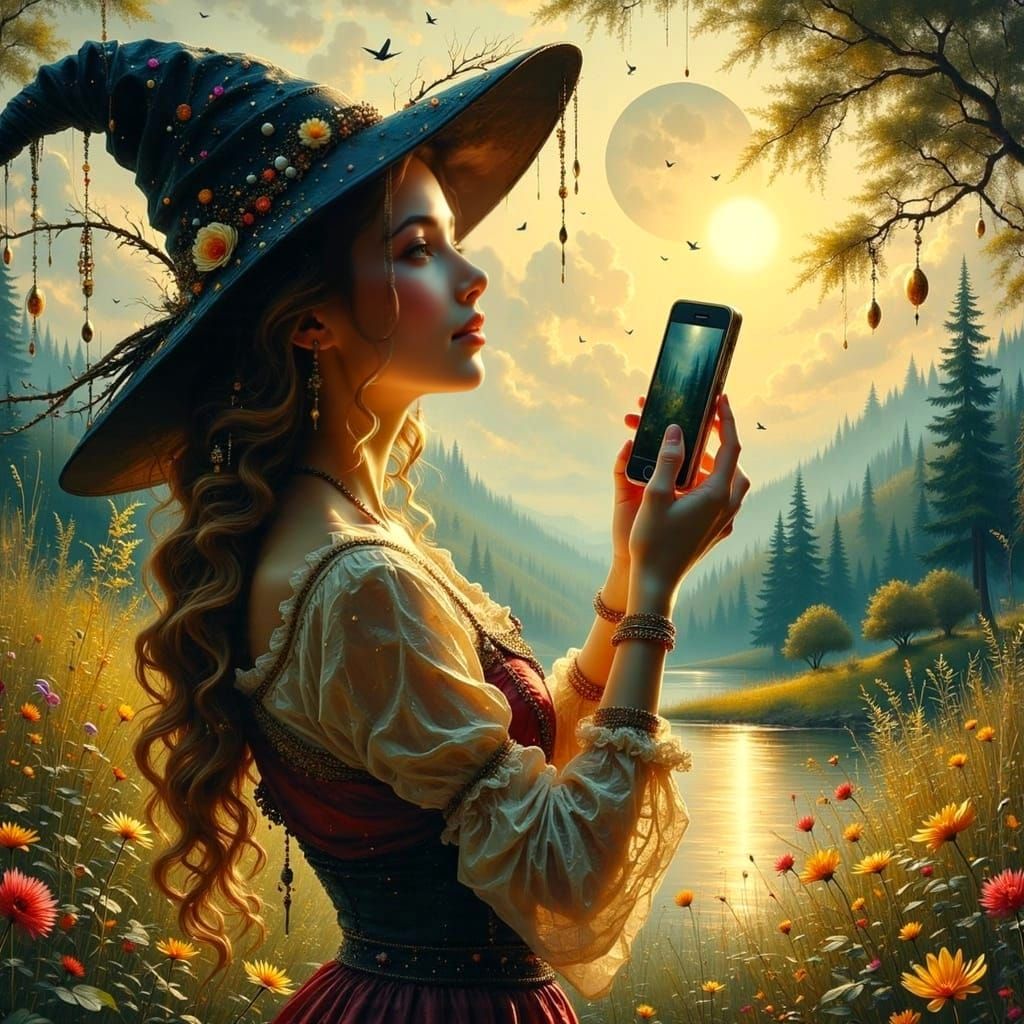 <lora:Akimora:1.0> <lora:Pretty Whimsy World:1.0> <lora:Oil-HD 2 Flux:1.0><lora:Exquisite Flux:1.0>She holds out a smartphone high up in the...