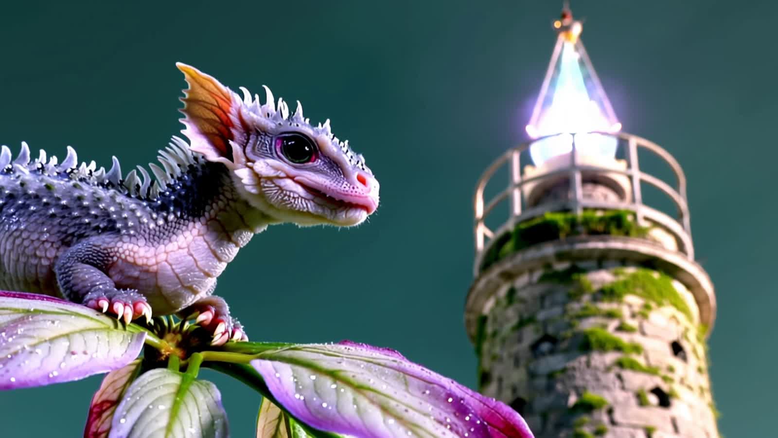 imagine a baby dragon resting on a dew-covered petal, gazing up at a towering lighthouse in the distance. The lighthouse...