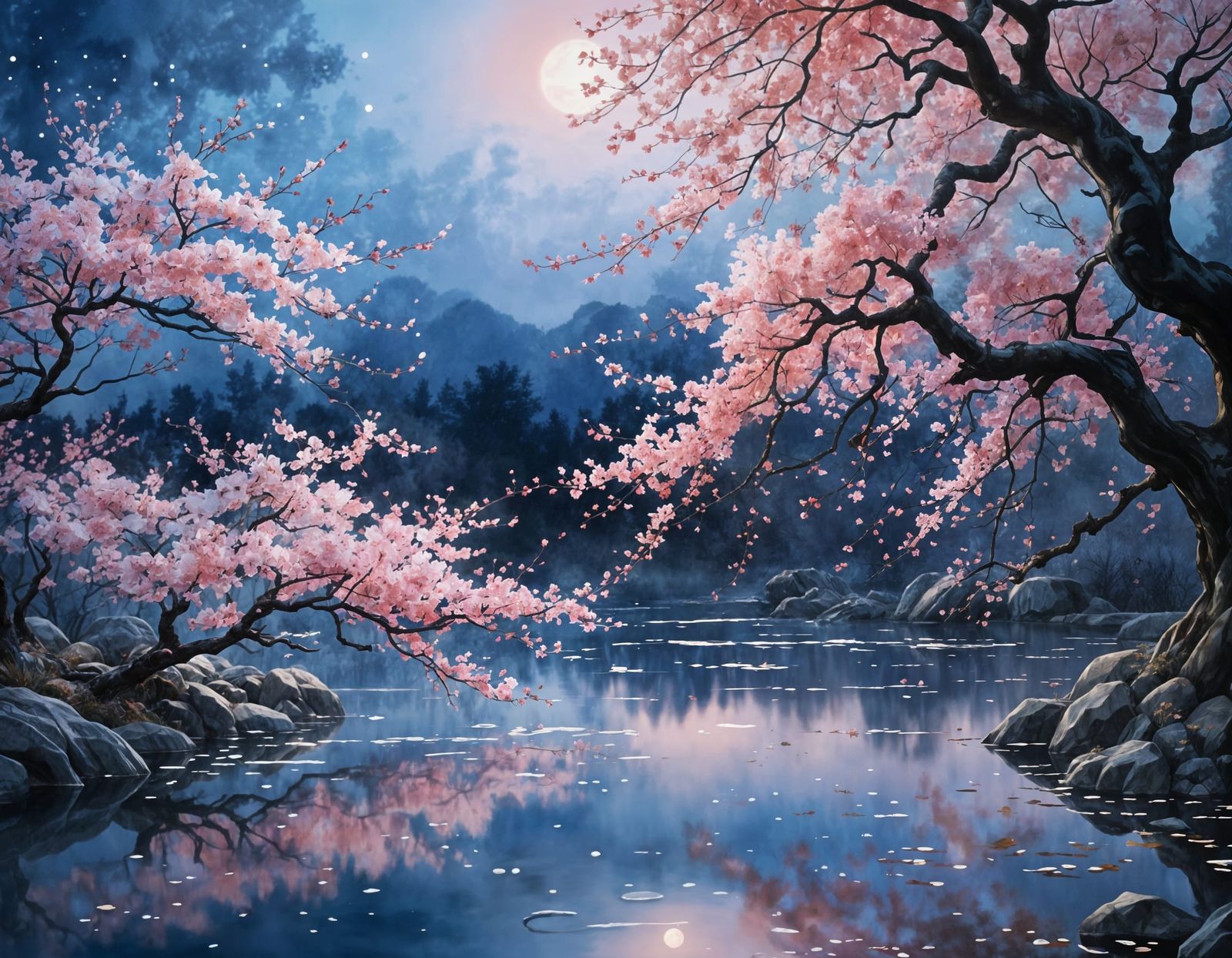 vibrant hues, lake glade at nighttime, shimmering waters, dreamy, beautiful, shadows, flowers, moonlight, ...  by @Buffy Winters