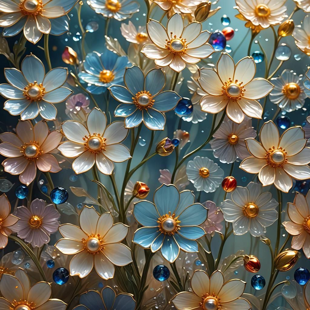 Enamel Painted Glass Flowers in Art Nouveau Style