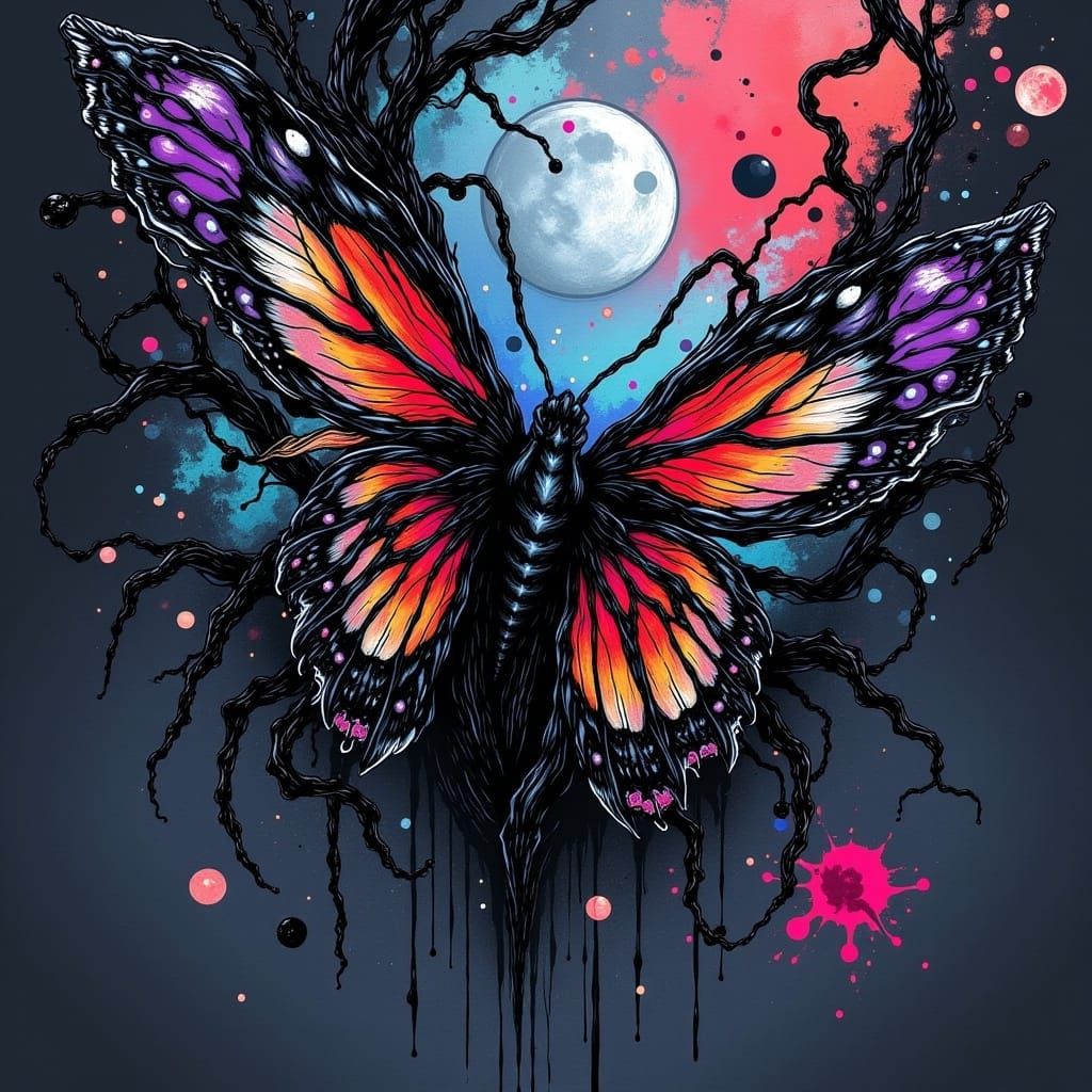 extreme close-up of an epic Beautiful Butterfly, by Twisted Ink <lora:Twisted Ink v2:1.0> with a waning moon background