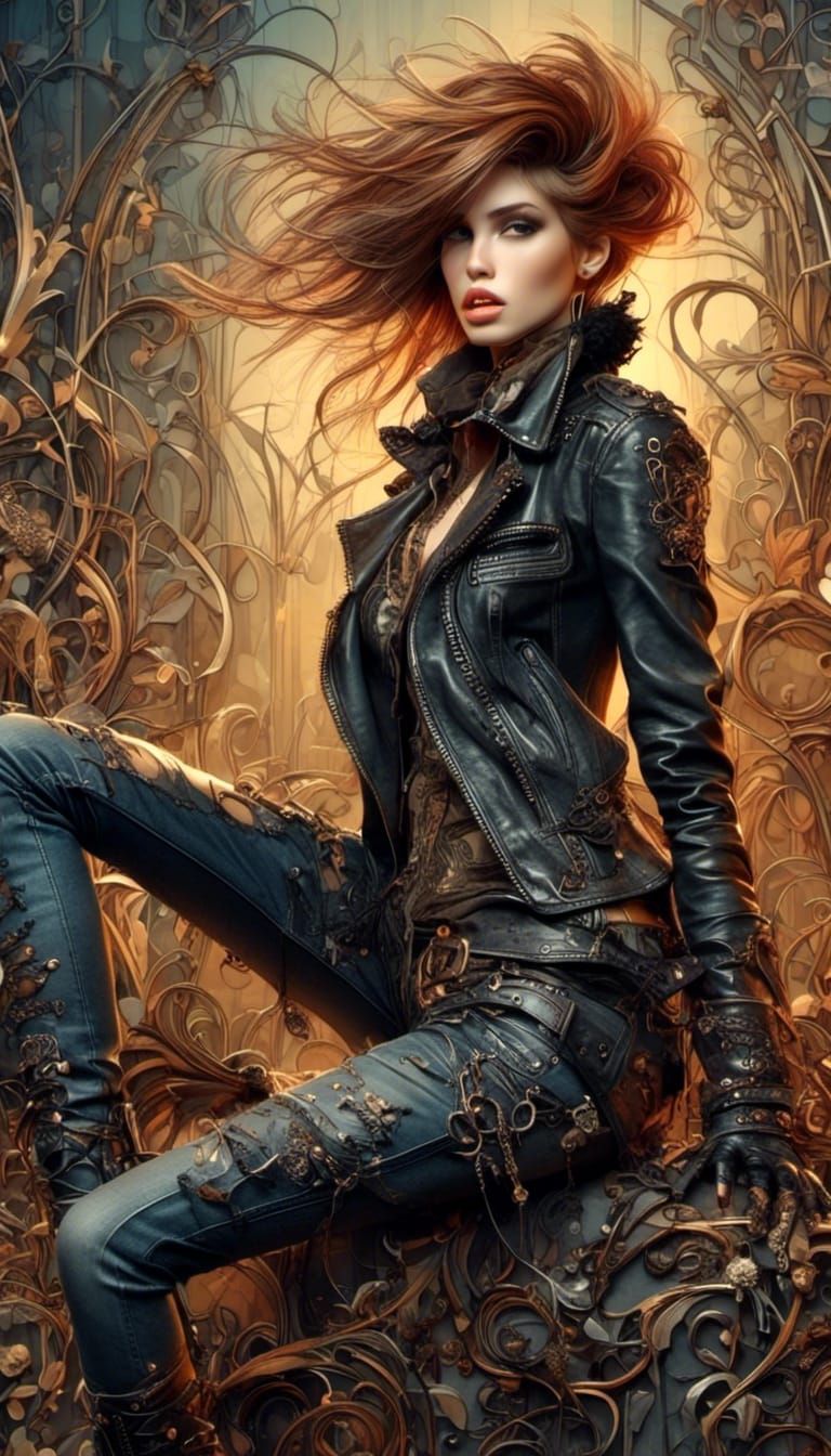 <lora:Art Nouveau Punk:1.0> punk art nouveau women’s fashion, ripped jeans, leather jacket, feminine, beautiful background, 3D shading, sha...