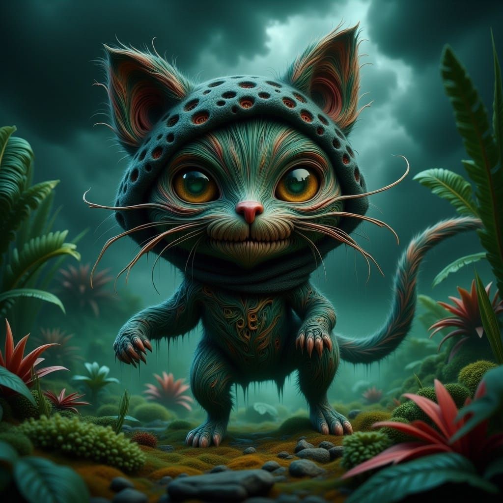 <lora:-Wonky Houses ALIVE-:1.0>  Grunge, ultra-detailed, raw conceptual scene ▪ A tiny version of the Cheshire Cat as a ninja, stealthily sn...