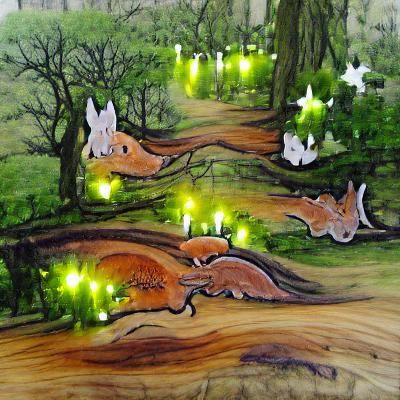 artwork forest of oak trees with tiny fairy lights rabbits f...