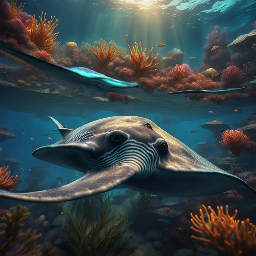 Stingrays swimming under Water