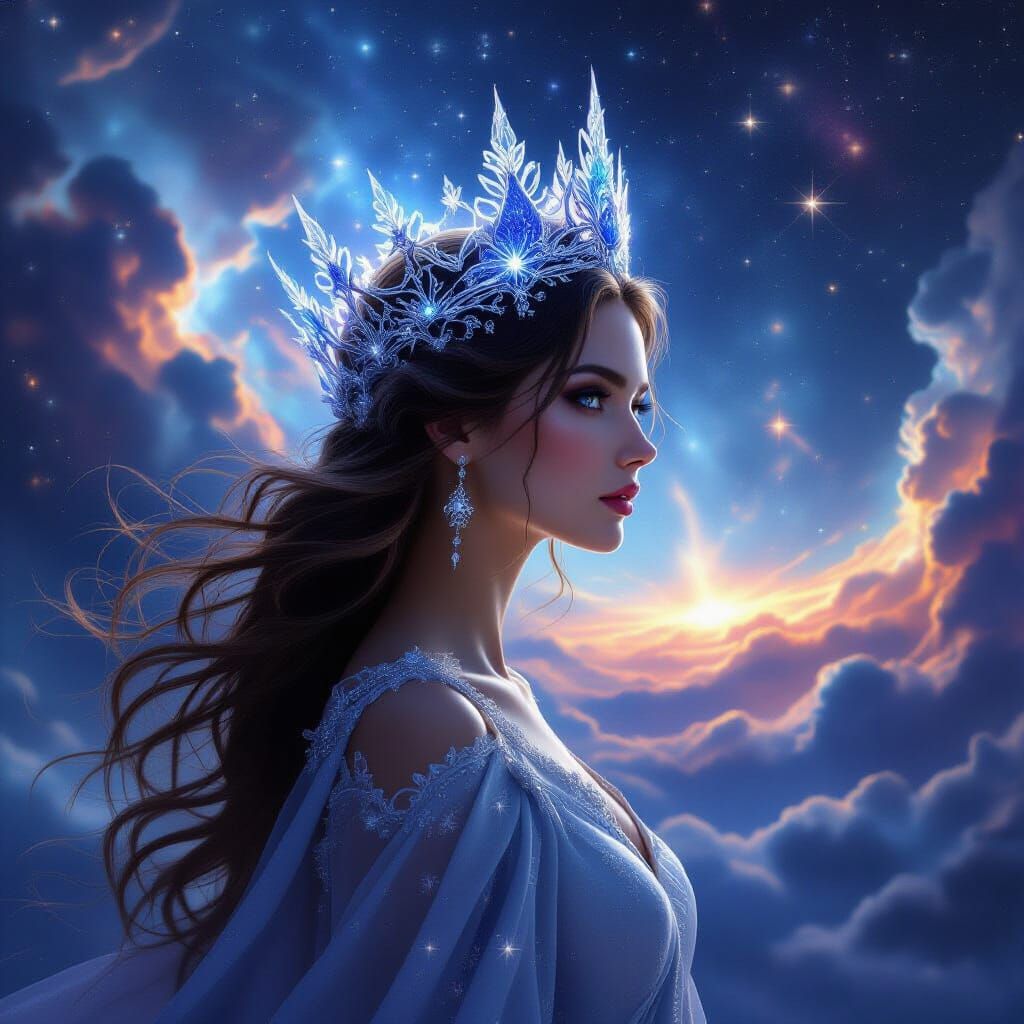 A regal queen with an ethereal crown made of solidified moonlight and stardust, her gaze fixed on a distant ...  by @Annelifrix
