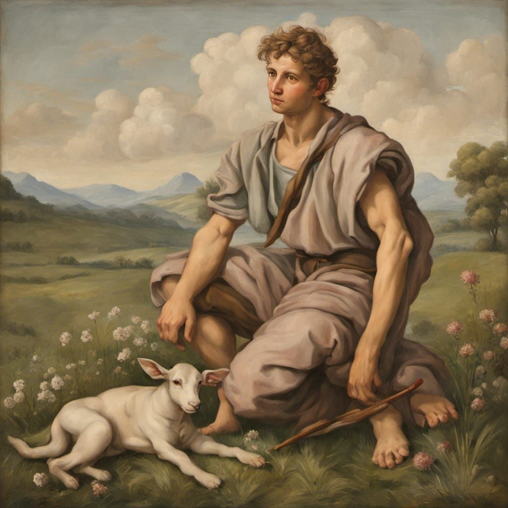 Michelangelo's David as a Shepherd in a Meadow, painted in o...