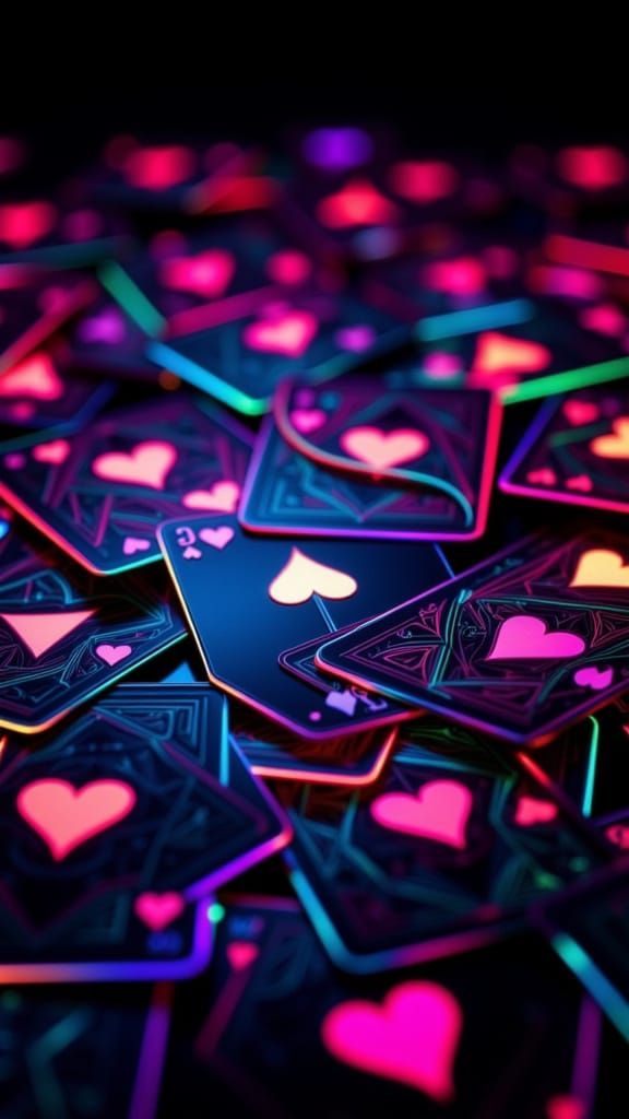 Queen of Hearts Cards in Neon Rainbow Synthwave Style
