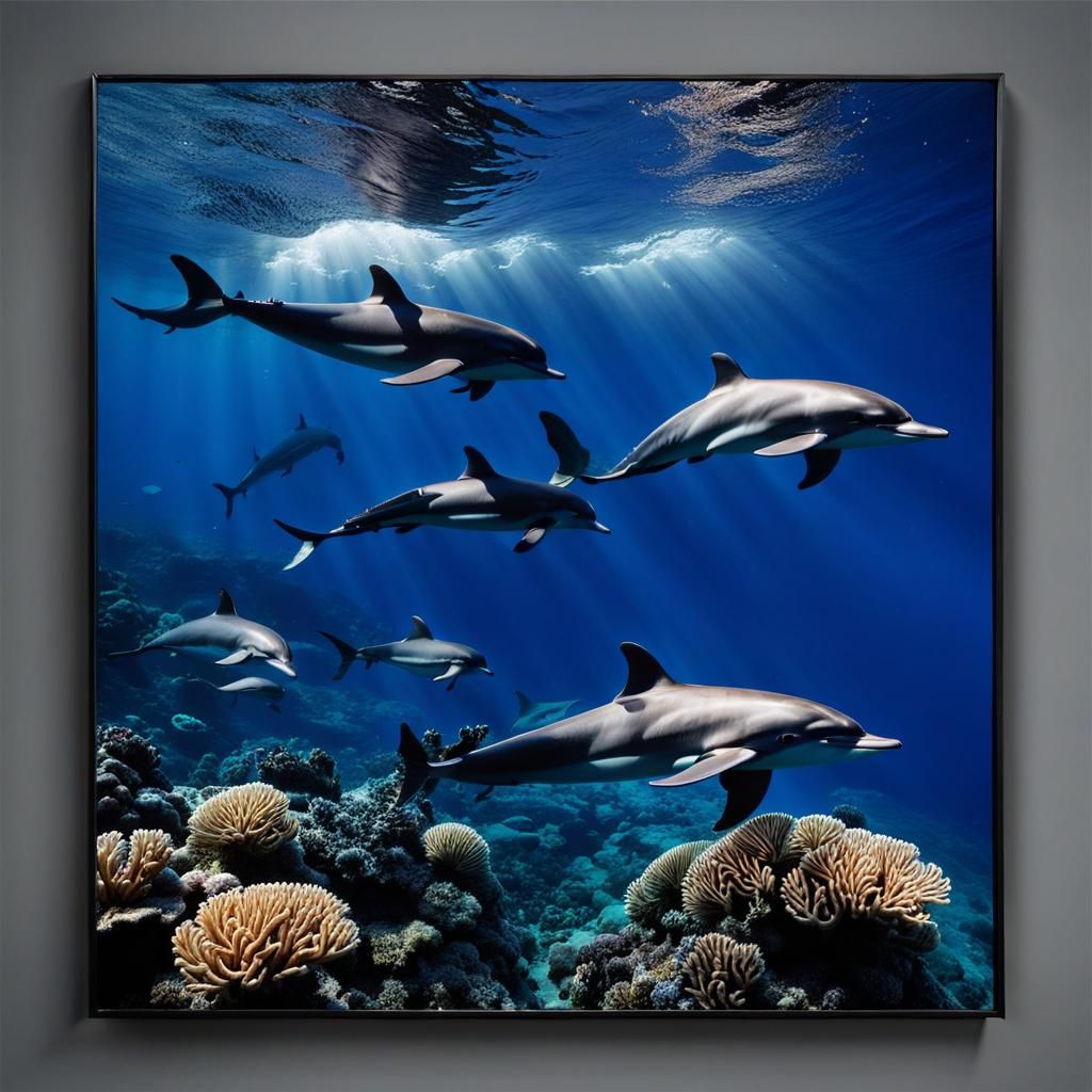 A pod of dolphins authentic swimming in the deep dark clear ...