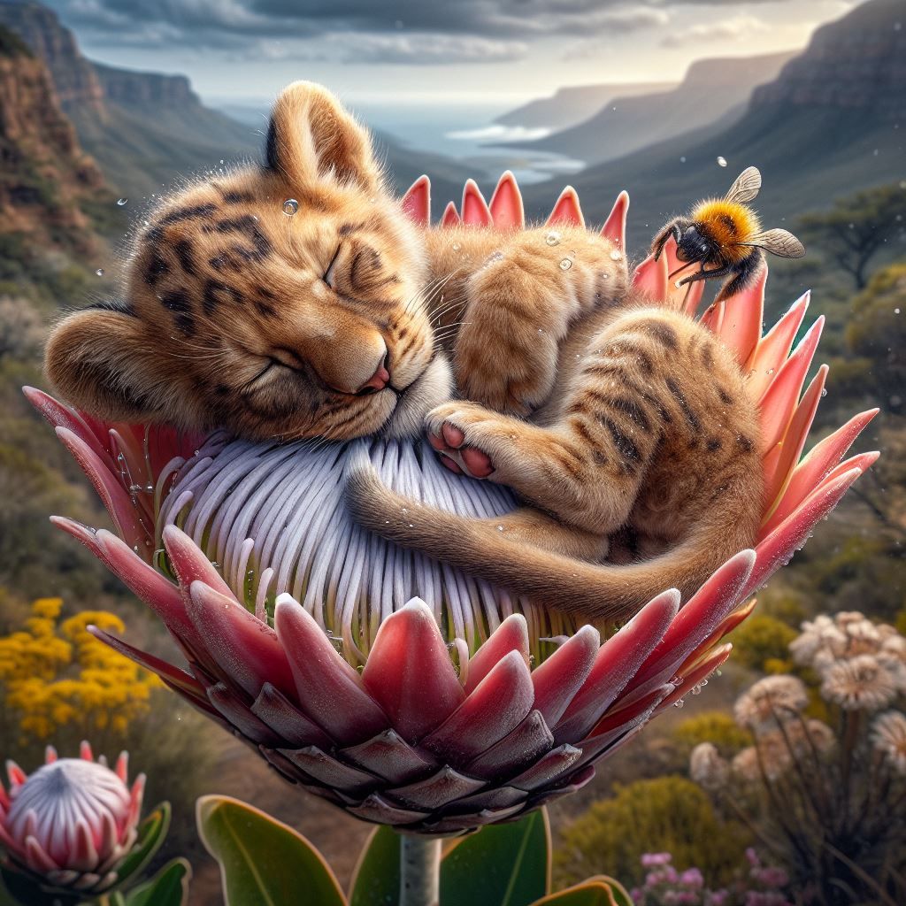 The Lion cub & the King Protea  by @Fiona Etkin 1974 