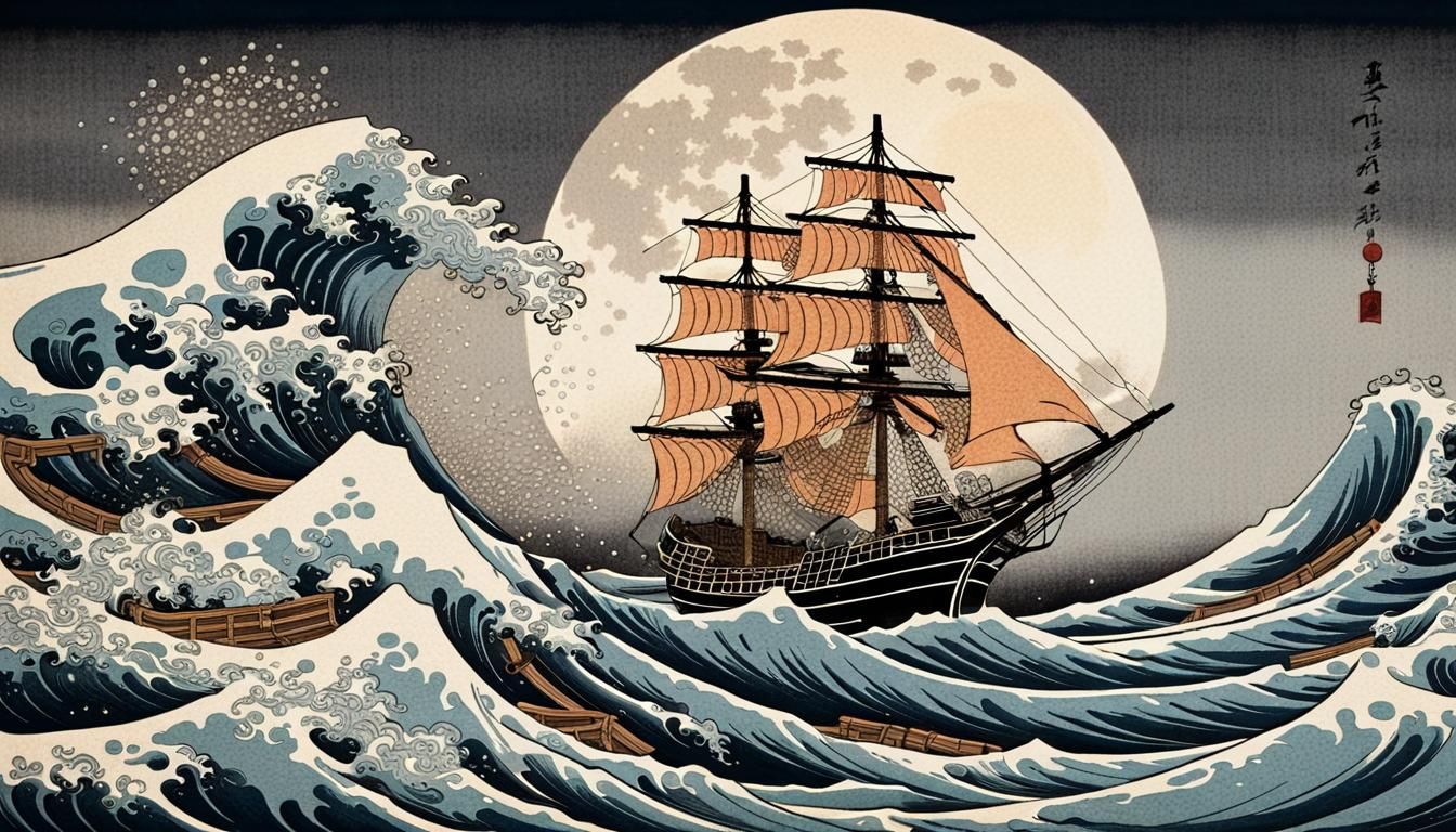 Shuinsen seal ship on a Ukiyo-e woodblock print