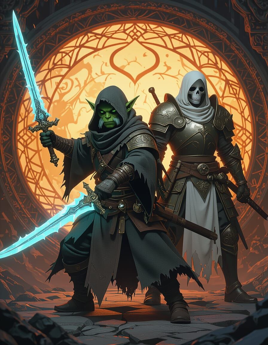 hal orc necromancer and warrior ghost, decorative art background, in the style of magic the Gathering