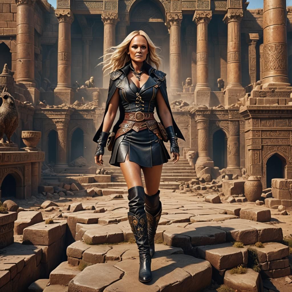 Emma Bunton in a ridiculously short leather skirt and exorbitantly high platform boots is Ashtaroth in Ancient Babylonia.
