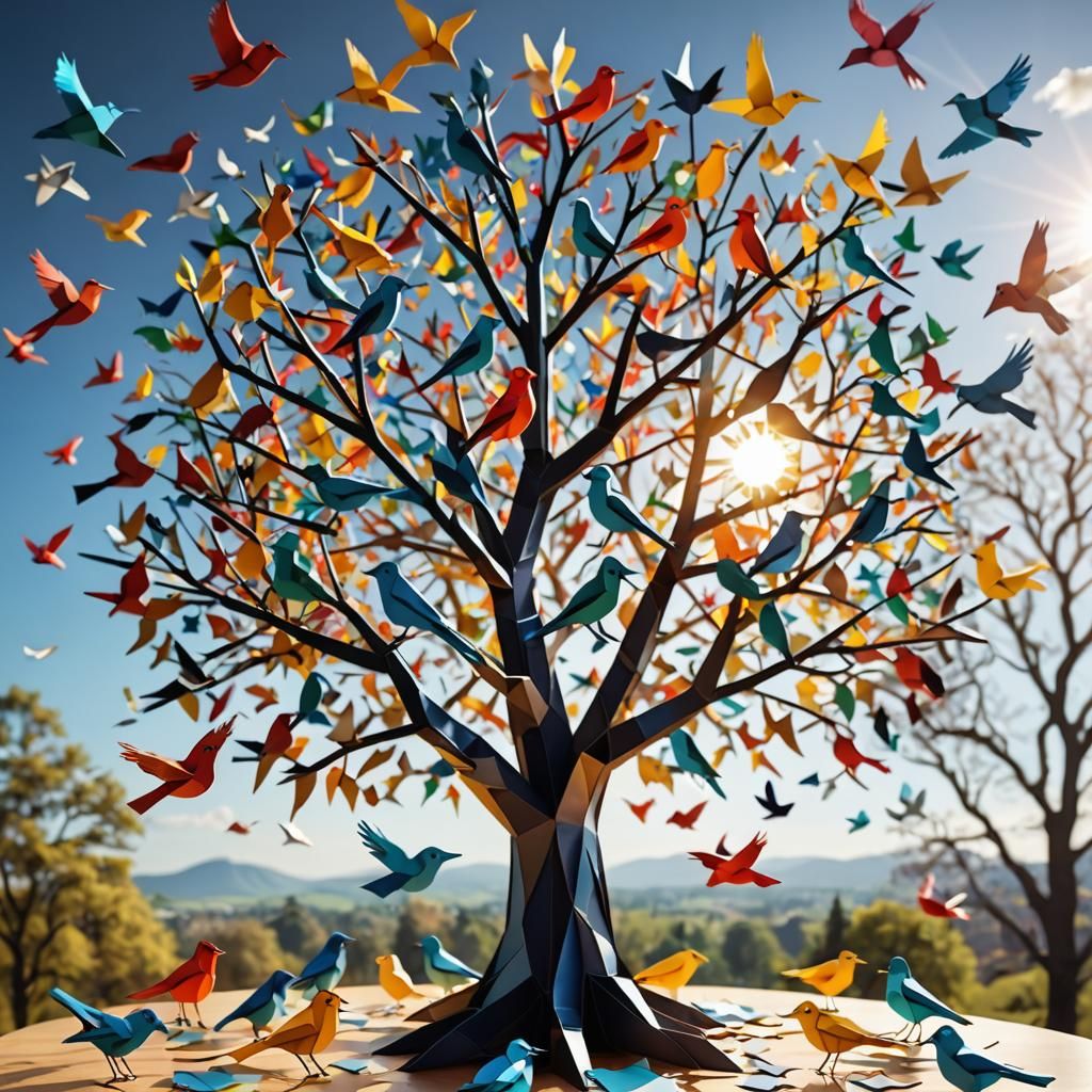 A large multi limb tree made of glass full of colorful birds...