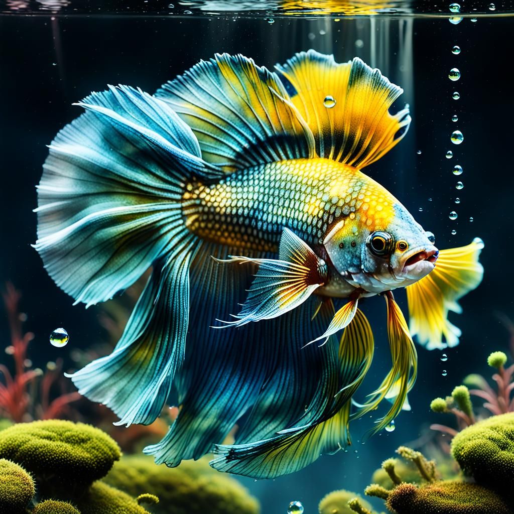 Digital double exposure maximalist style. A dissolving frozen smoke large betta fish. Head up. full shot. ...  by @James Silvers