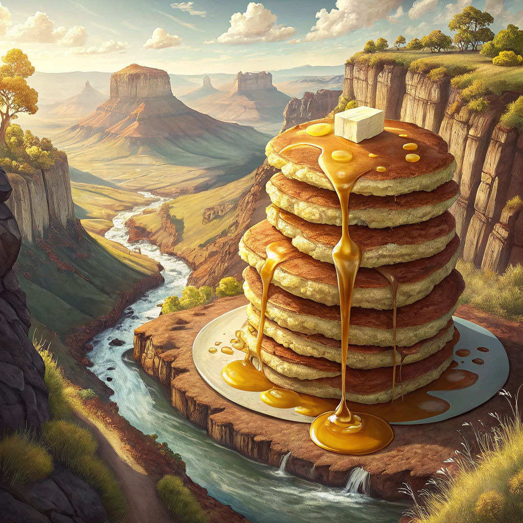 stack of giant pancakes with syrup and butter, on a high cliff, dripping down into a riverbed creating ...  by @A Secret McDaniel